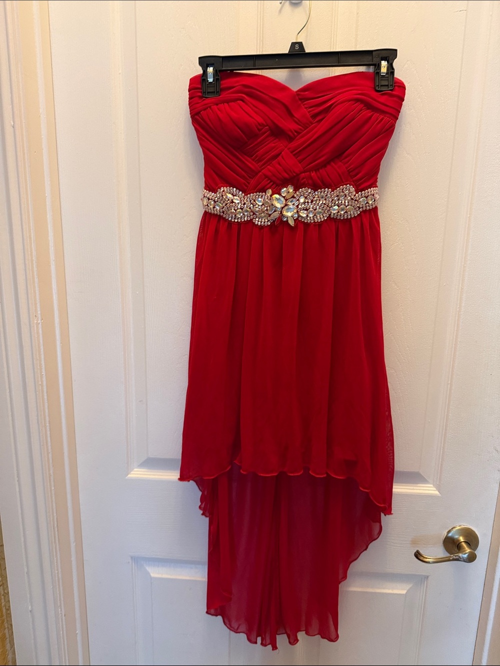 Jodi Kristopher Red Strapless Hi-Low Prom Dress with Embellished Waist